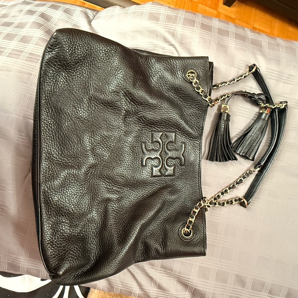 Tory Burch Black Pebbled Leather Shoulder Bag with Tassels